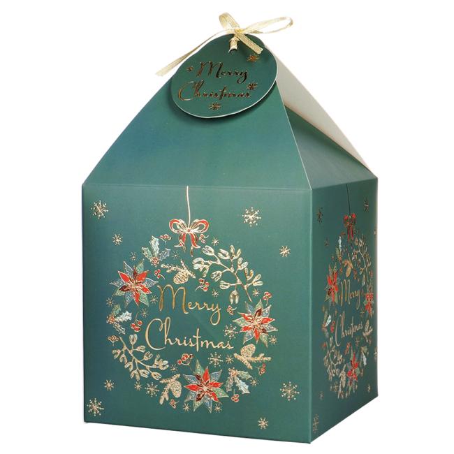 [XX400243] Weihnachtliche Geschenkbox aus Papier mit Etikett, 220 x 104 mm, grün, 4 Stück