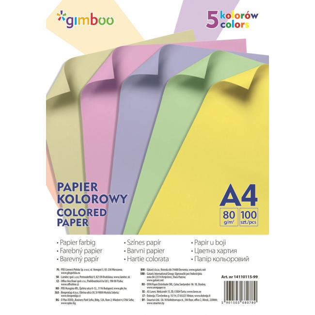 Gimboo A4-Farbpapier, 100 Blatt, 80 g, 5 Pastellfarben