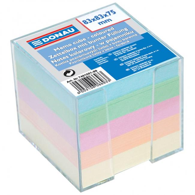 [DO491001] Würfelförmiger Notizblock, ungeklebt, 83 x 83 x 75 mm, Pastellfarben, transparente Box