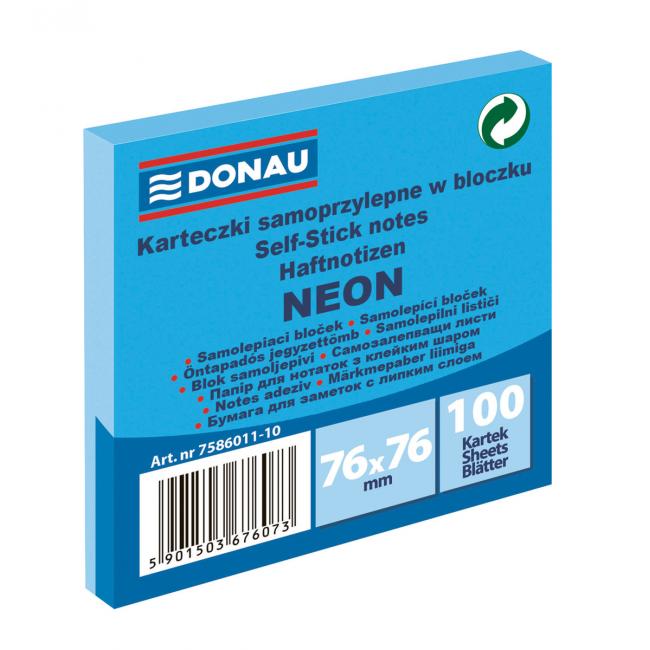 Selbstklebender Notizblock Donau neon, 76 x 76 mm, blau, 100 Blatt