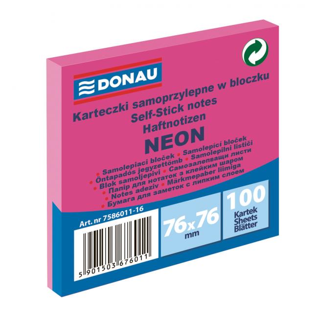 Selbstklebender Notizblock Donau Neon, 76 x 76 mm, rosa, 100 Blatt