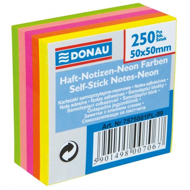 Donau Notizblock, 50 x 50 mm, 5 Neonfarben, 250 Blatt