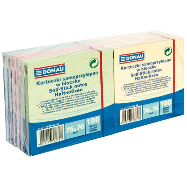 Selbstklebender Notizblock 76 x 76 mm, 4 Farben, 12 Notizzettel x 100 Blatt