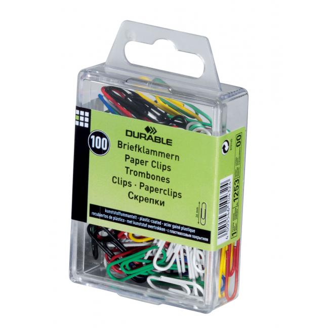 [DU125300] Robuste, 26 mm lange, kunststoffbeschichtete, farbige Büroklammern, 100 Stück