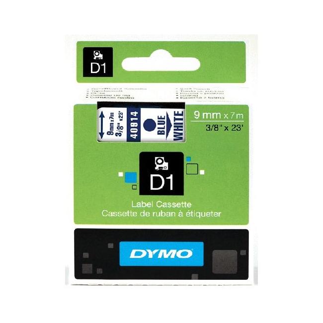 Dymo D1 9 mm weiß/blaues selbstklebendes Band