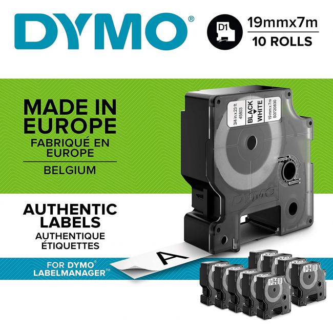[DY093098] Dymo D1 Selbstklebeband 19 mm weiß/schwarz, 10 Stück