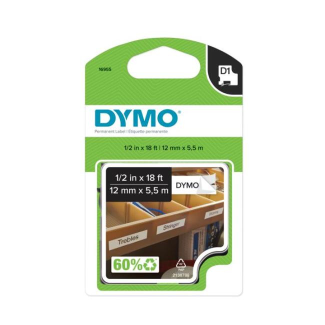 Dymo D1 Permanent-Vinylklebeband 12 mm weiß/schwarz