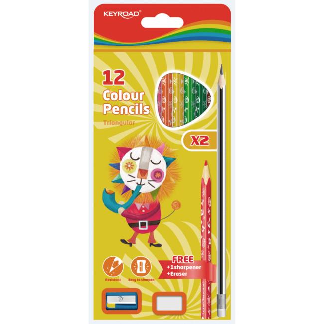 [EC971723] KEYROAD Buntstifte mit Radiergummi und Anspitzer, 12 Farben
