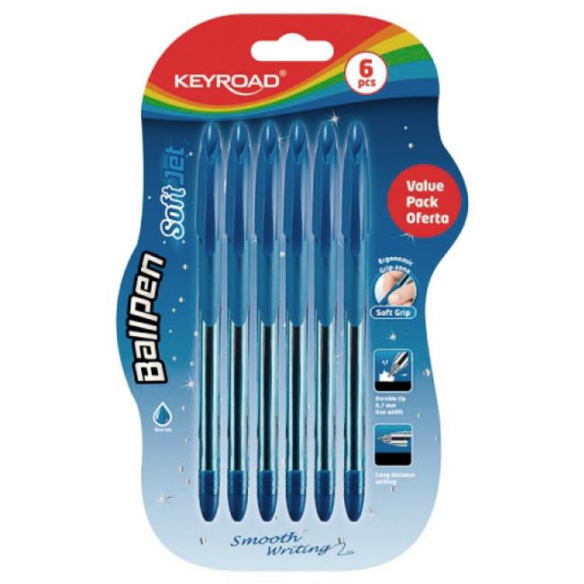 Kugelschreiber KEYROAD Soft Jet 0,7 mm, Blisterpackung mit 6 Stück, blau