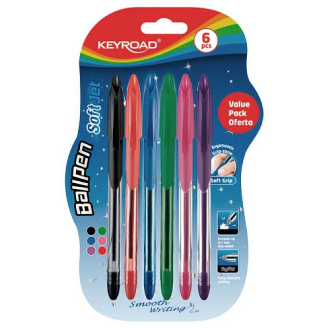 KEYROAD Soft Jet Kugelschreiber 0,7 mm, Blisterpackung mit 6 Stück, Farbmix