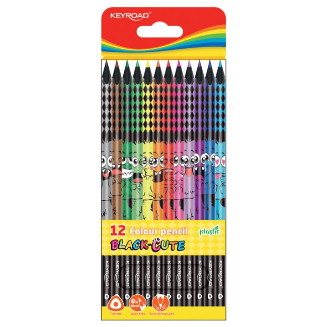 Dreieckige elastische Wachsmalstifte KEYROAD schwarzes Holz, 12er-Set.