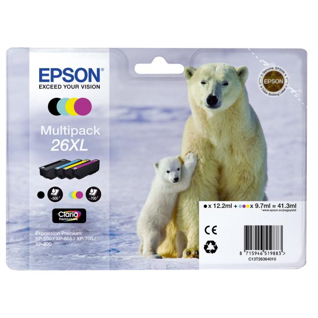 [EP021993] Epson C13T263640 CMYK Multipack 26XL Claria Tintenpatronen für XP-600/700 (3x9,7/12,2ml)
