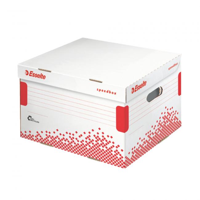 [ES623912] Esselte Speedbox M Archivbox mit Klappdeckel, weiß/rot, 367 × 263 × 325 mm