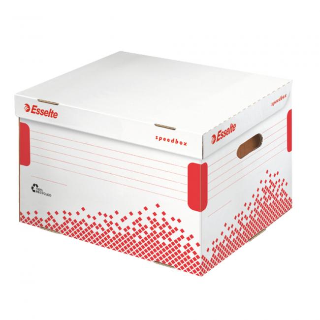 [ES623914] Esselte Speedbox Archivbox mit Klappdeckel, weiß/rot, 392 × 301 × 334 mm