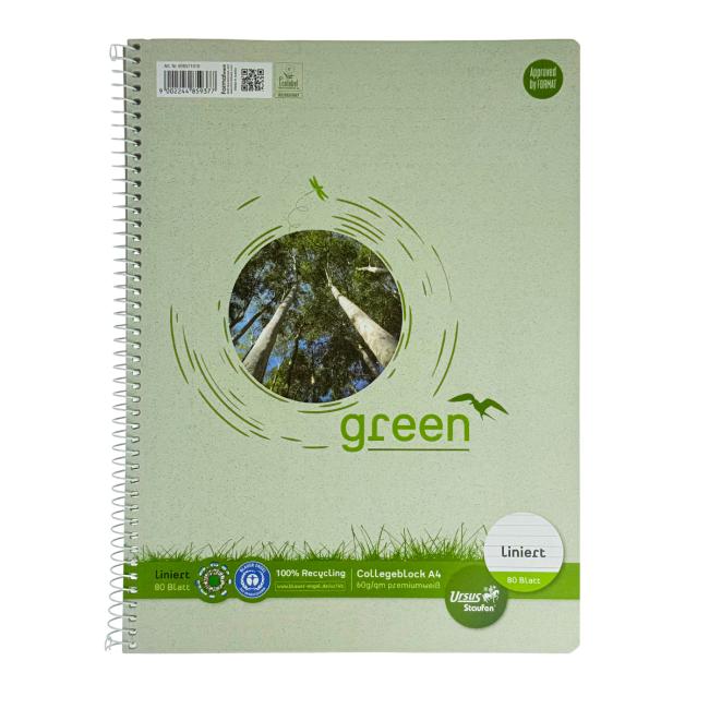 Werk Ursus Green A4 Notizbuch im College-Format, 80 Blatt liniert, 60 g Recyclingpapier