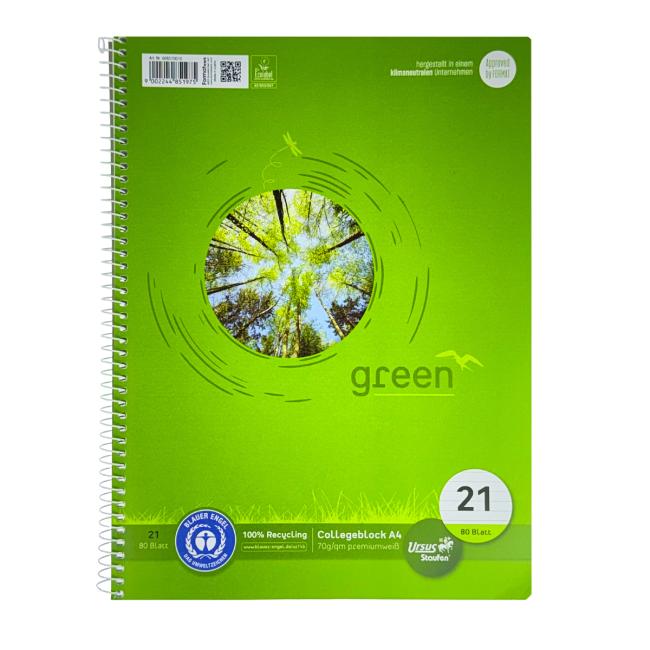 Werk Ursus Green A4 Notizbuch im College-Format, 80 Blatt liniert, 70 g Recyclingpapier