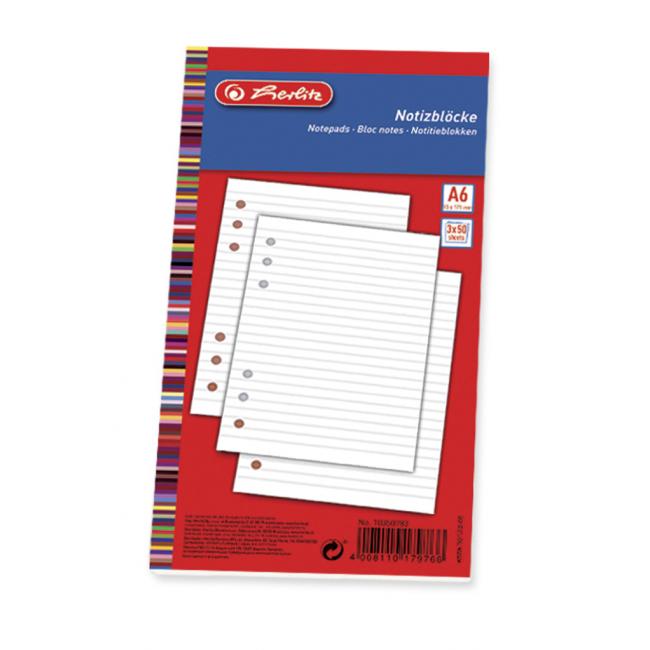 [HL056058] Nachfüllpackung für TP Herlitz A6 Notizbuch, 150 Blatt mit Linealen (3 x 50)