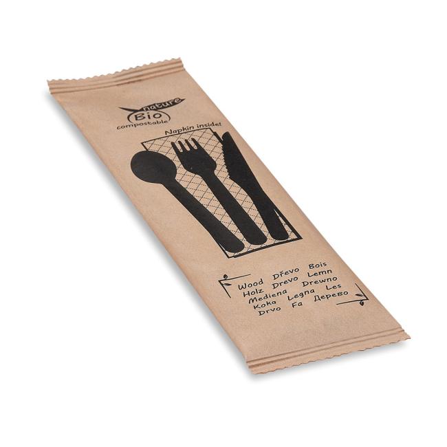 [HY040022] Hygienisches 50er-Pack Bestecksets aus Holz (Messer, Gabel, Löffel, Serviette).