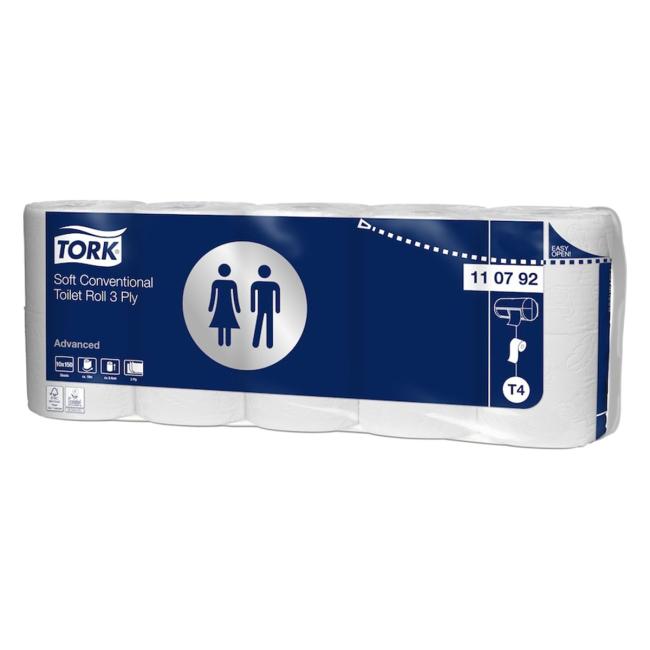 [HY110792] 3-lagiges Toilettenpapier. TORK Advanced weiße T4 Rolle 19,4 m (10 Stück)