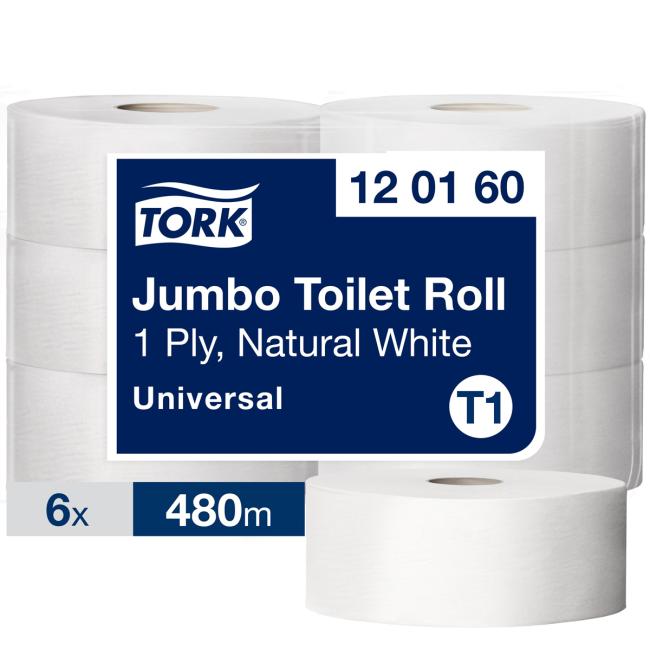 [HY120160] Toilettenpapier, 1-lagig. TORK Jumbo 26 cm, Rolle 480 m, naturweiß, T1 (6 Stück).