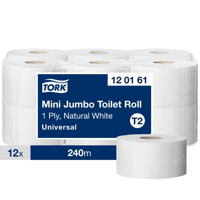 [HY120161] Toilettenpapier, 1-lagig. TORK Mini Jumbo 19 cm, Rolle 240 m, naturweiß, T2 (12 Stück).