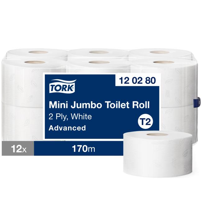 Toilettenpapier, 2-lagig. TORK Mini Jumbo 19 cm, Rolle 170 m, weiß T2 (12 Stück).