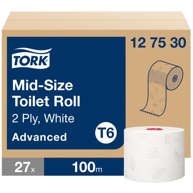 Toilettenpapier, 2-lagig. TORK Mittelgroß, weiß, Rolle 100 m T6 (27 Stück).