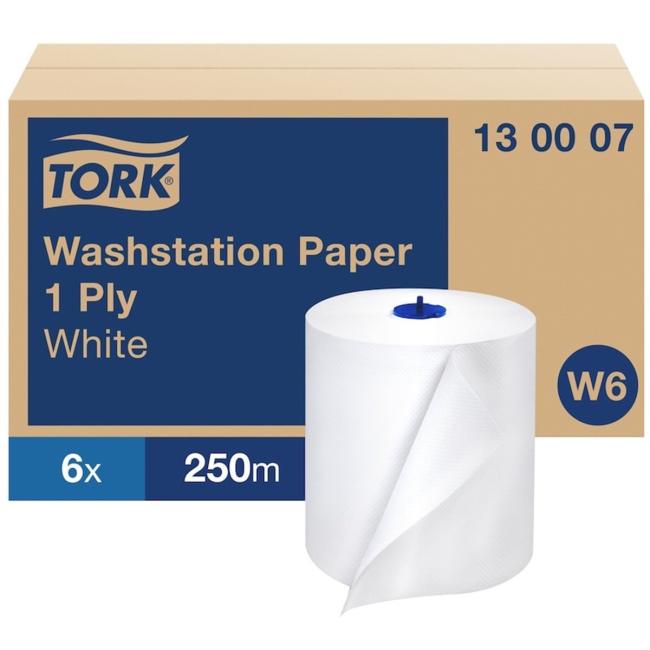 [HY130001] Papierhandtücher auf der Rolle, 1-lagig. TORK Basic weiß W6, Rolle 250 m (6 Stück).