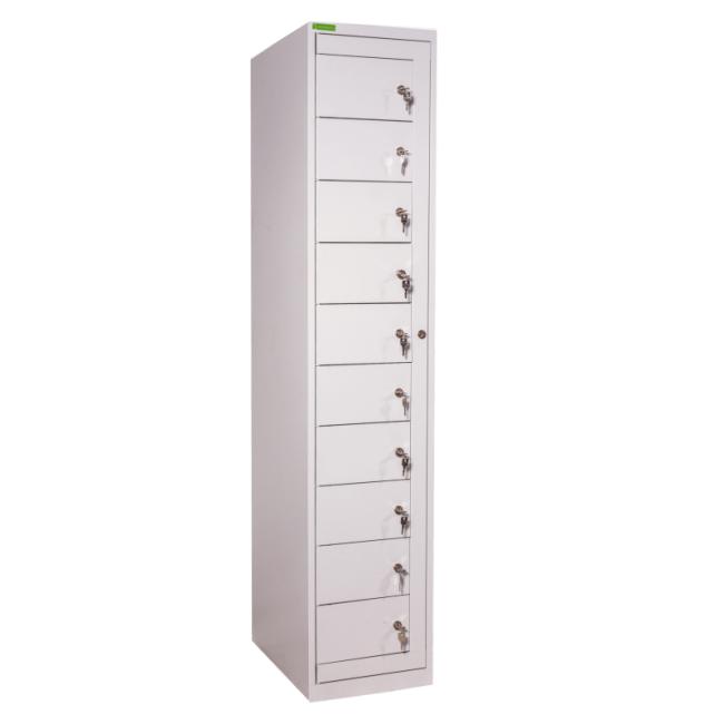 [AA000162] Kleiderständer für Arbeitskleidung mit 10 Fächern, abschließbar, H 182 x B 38 x T 45 cm, RAL 7035 Grau
