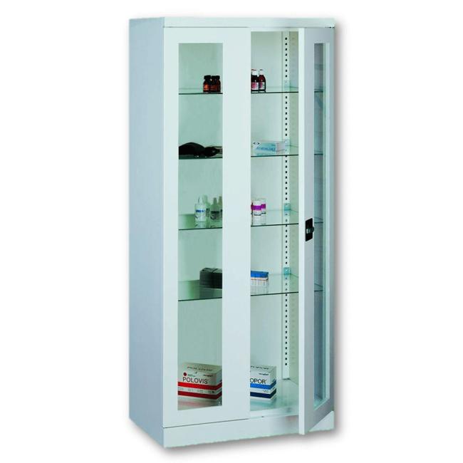 Medizinschrank für Krankenhäuser, Glastüren, abschließbar, H 180 x B 80 x T 43,5 cm, RAL 9010 Weiß