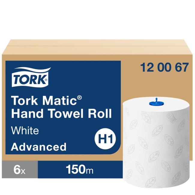 Papierhandtücher auf der Rolle, 2-lagig. TORK Matic weiß fein H1, Rolle 150 m (6 Stück).