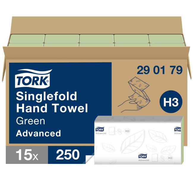 [HY290173] Papierhandtücher, gefaltet ZZ/C, 2-lagig. TORK Singlefold Advanced grün H3 (15 Packungen)