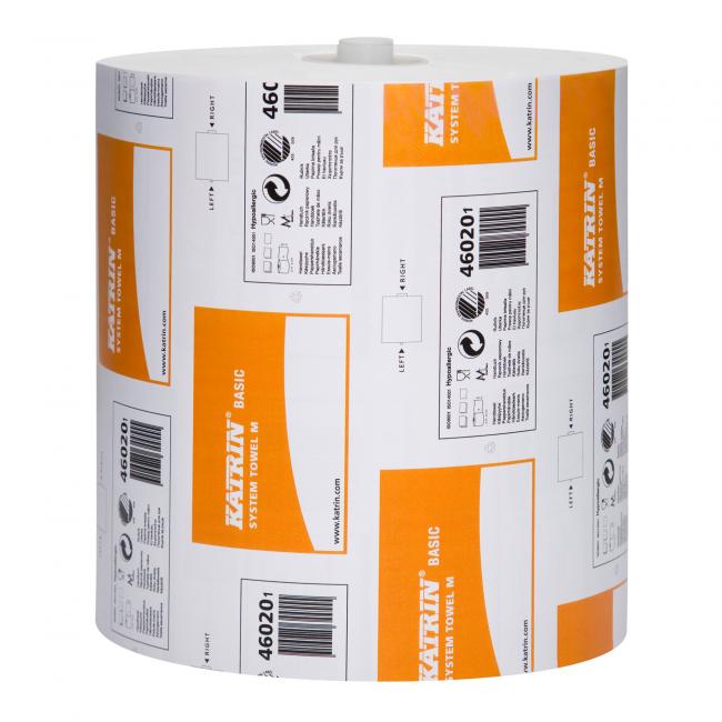Papierhandtücher auf einer 1-lagigen Rolle. KATRIN Basic System, Rolle 180 m, 6 Stück.