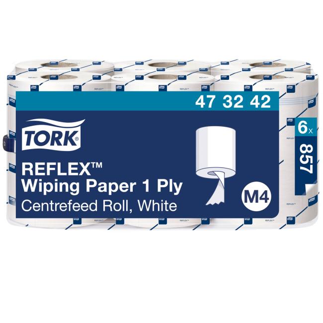[HY473242] Papierhandtücher auf der Rolle, 1-lagig. TORK Reflex weiß M4, Rolle 300 m (6 Stück).