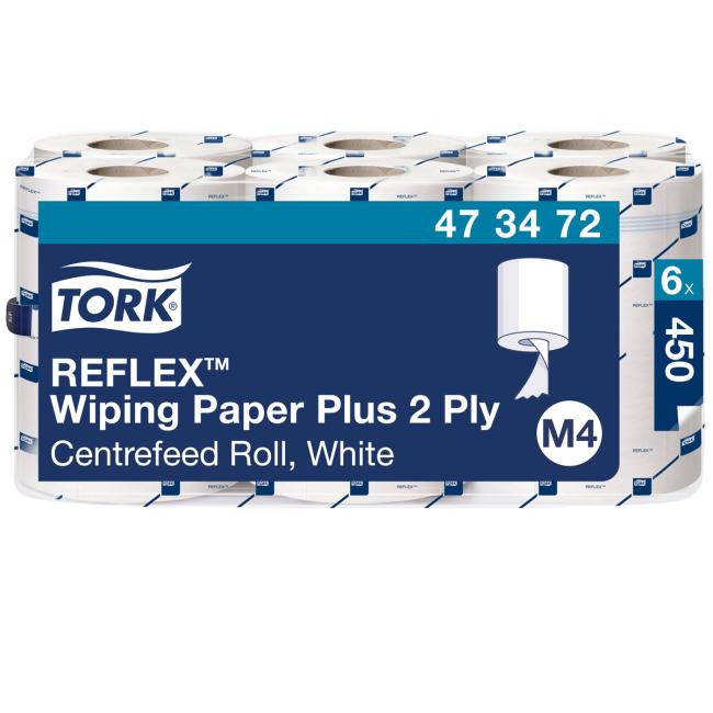 [HY473472] Papierhandtücher mit zentraler Abrollvorrichtung, 2-lagig. TORK Reflex Midi weiß M4, Rolle 150,75 m (6 Stück).