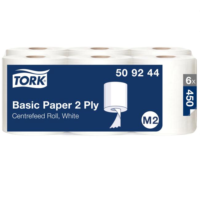[HY509244] Papierhandtücher auf der Rolle mit zentraler Abrollvorrichtung, 2-lagig. TORK Basic weiß M2 (6 Stück)