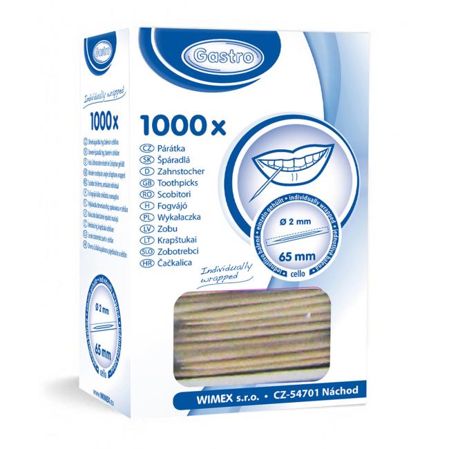 Zahnstocher aus Holz, hygienisch verpackt, 2 x 65 mm (1000 Stück).