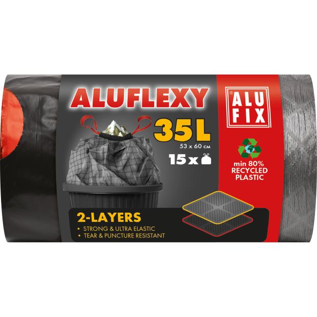 [HY946017] Einziehbare Müllbeutel 35 l / 15 Stück, 28 µm, LDPE, 2-lagig, 53 x 60 cm, grau-schwarz