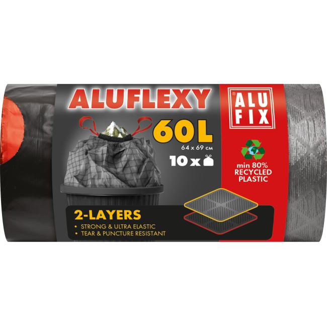 Einziehbare Müllbeutel, 60 l / 10 Stück, 33 µm, LDPE, 2-lagig, 64 x 69 cm, grau-schwarz