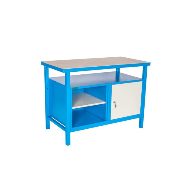 Schreibtisch mit Schrank und Ablage, H 85 x B 120 x T 60 cm, RAL 7035 Grau, RAL 5015 Blau