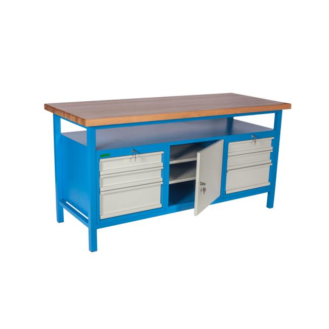 Schreibtisch mit Schrank und 6 Schubladen, H 85 x B 170 x T 68,5 cm, RAL 7035 Grau, RAL 5015 Blau