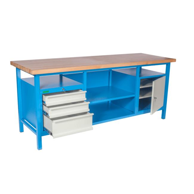Schreibtisch mit Schrank und 3 Schubladen, H 85 x B 200 x T 68,5 cm, RAL 7035 Grau, RAL 5015 Blau